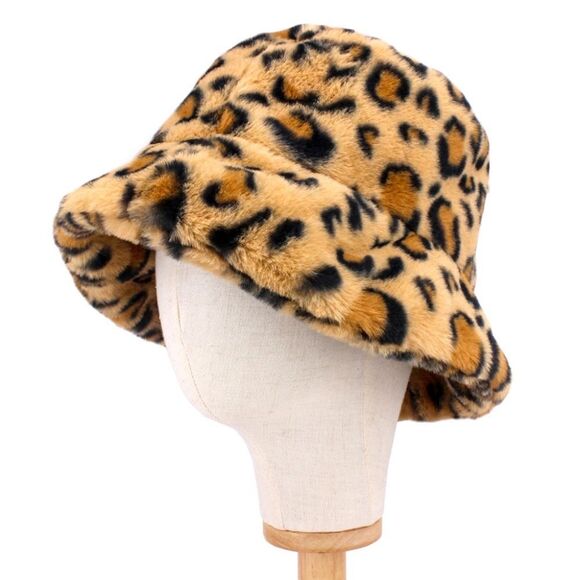 Brown Black Fur Bucket Hat Black Leopard Print Pattern Style - Picture 2 of 2